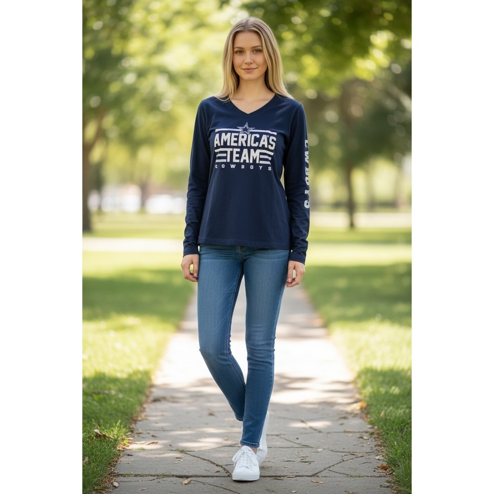 253 Fanatics Dallas Cowboys Navy Blue V-Neck Long Sleeve Shirt Mens M